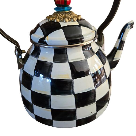 MacKenzie-Childs Courtly Check Black & White Enamel Tea Kettle Blue Green Red - Picture 6 of 16